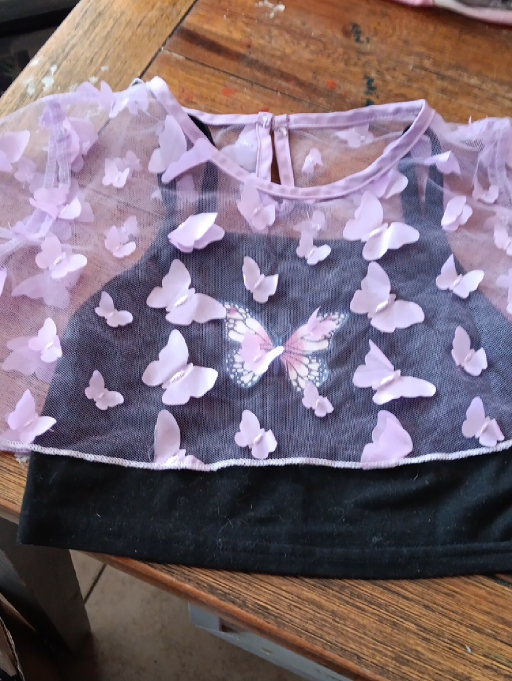 Girls Black Tank Top with Lilac Butterfly Mesh Overlay